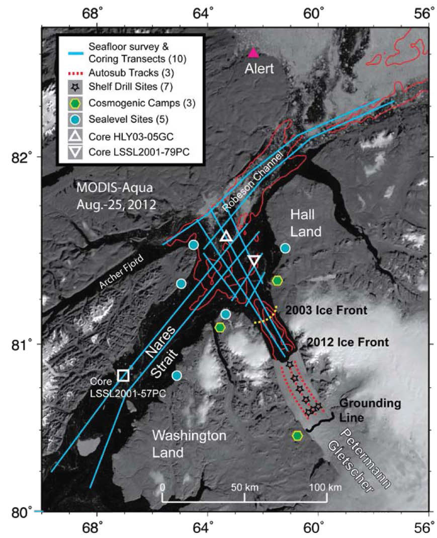 Petermann Gletsjeren og Nares Strædet i NNV Grønland med de planlagte sejllinjer og on-shore studie lokaliteter i forbindelse med R/V Oden togtet 2015.